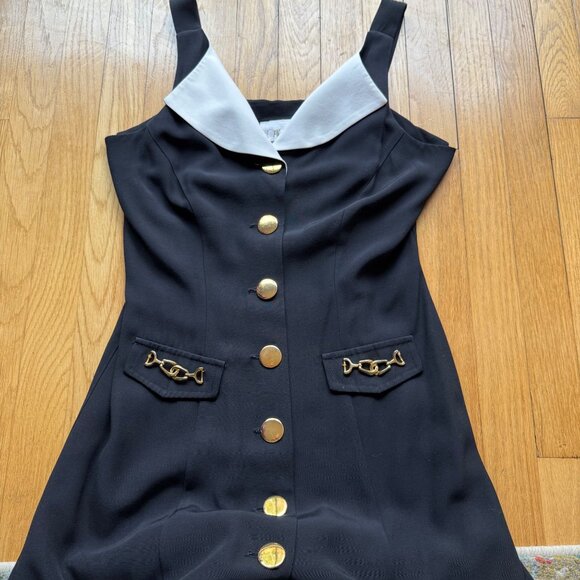 Vintage Cache Size 10 Black Button Front Sleeveless Romper w/ Gold Chain Accents - Picture 10 of 13